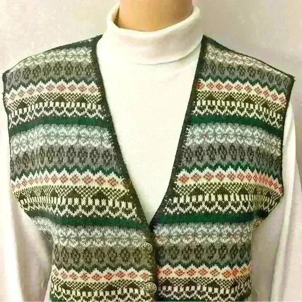 Vintage BohoOversized Green Multicolored Button V-neck  Sweater Vest - Picture 3 of 13